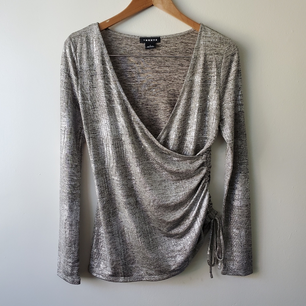 Trouve Silver Metallic Drawstring Faux Wrap Top